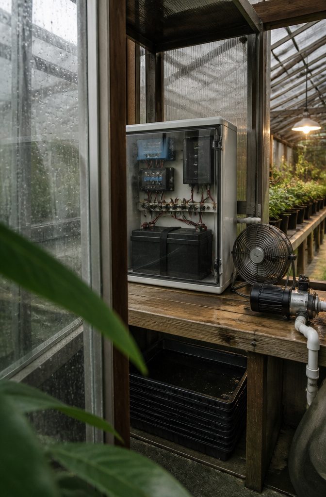 Battery charge controller and inverter inside a sealed greenhouse utility enclosure