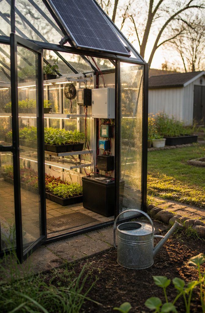 Greenhouse with solar panels supplying power to ventilation fans and irrigation equipment