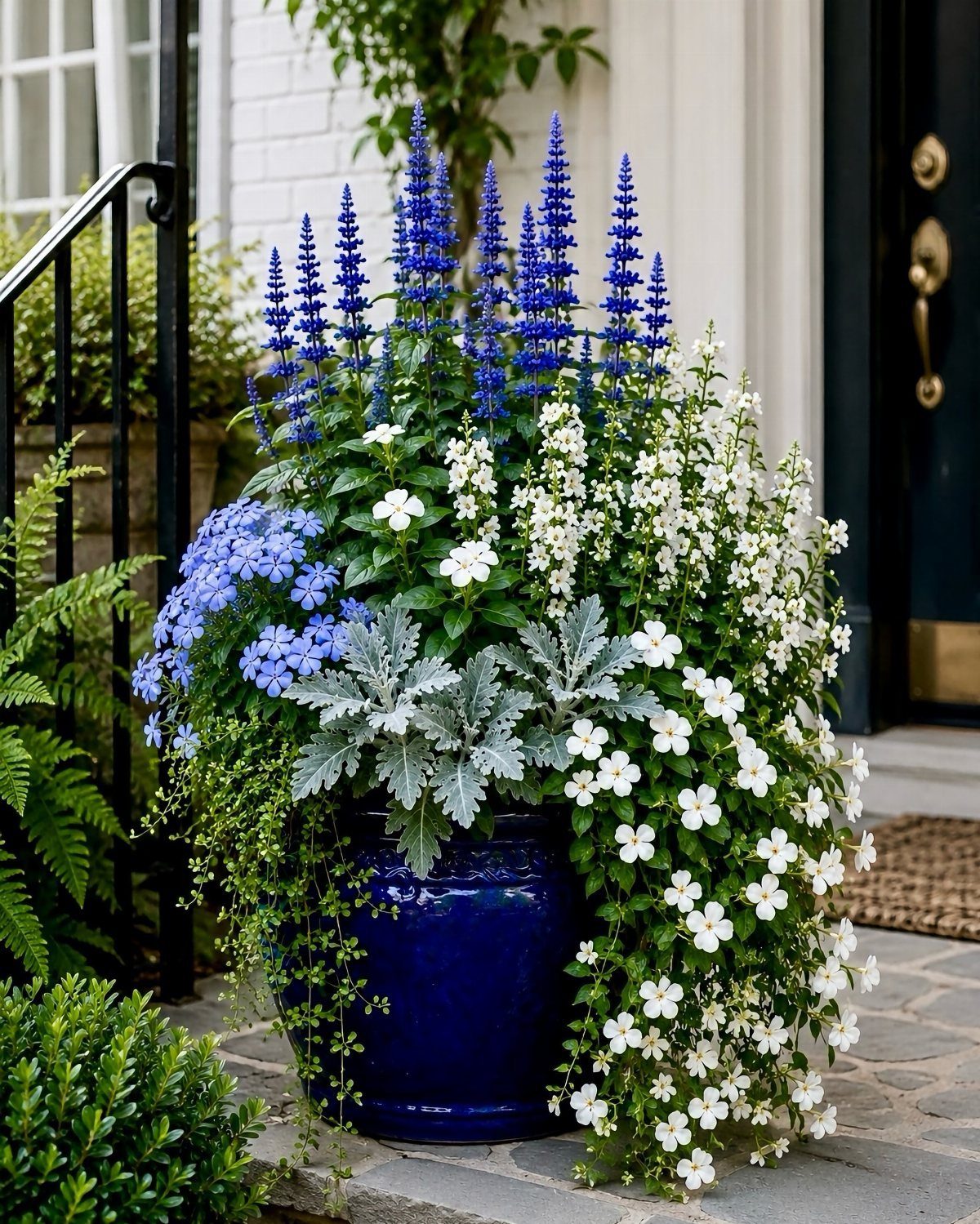 Blue ceramic pot with tall blue spikes, white flowers, and silver foliage on porch.