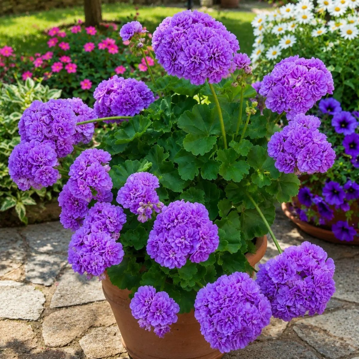 Purple geraniums blooming in a terracotta pot on a stone garden patio.