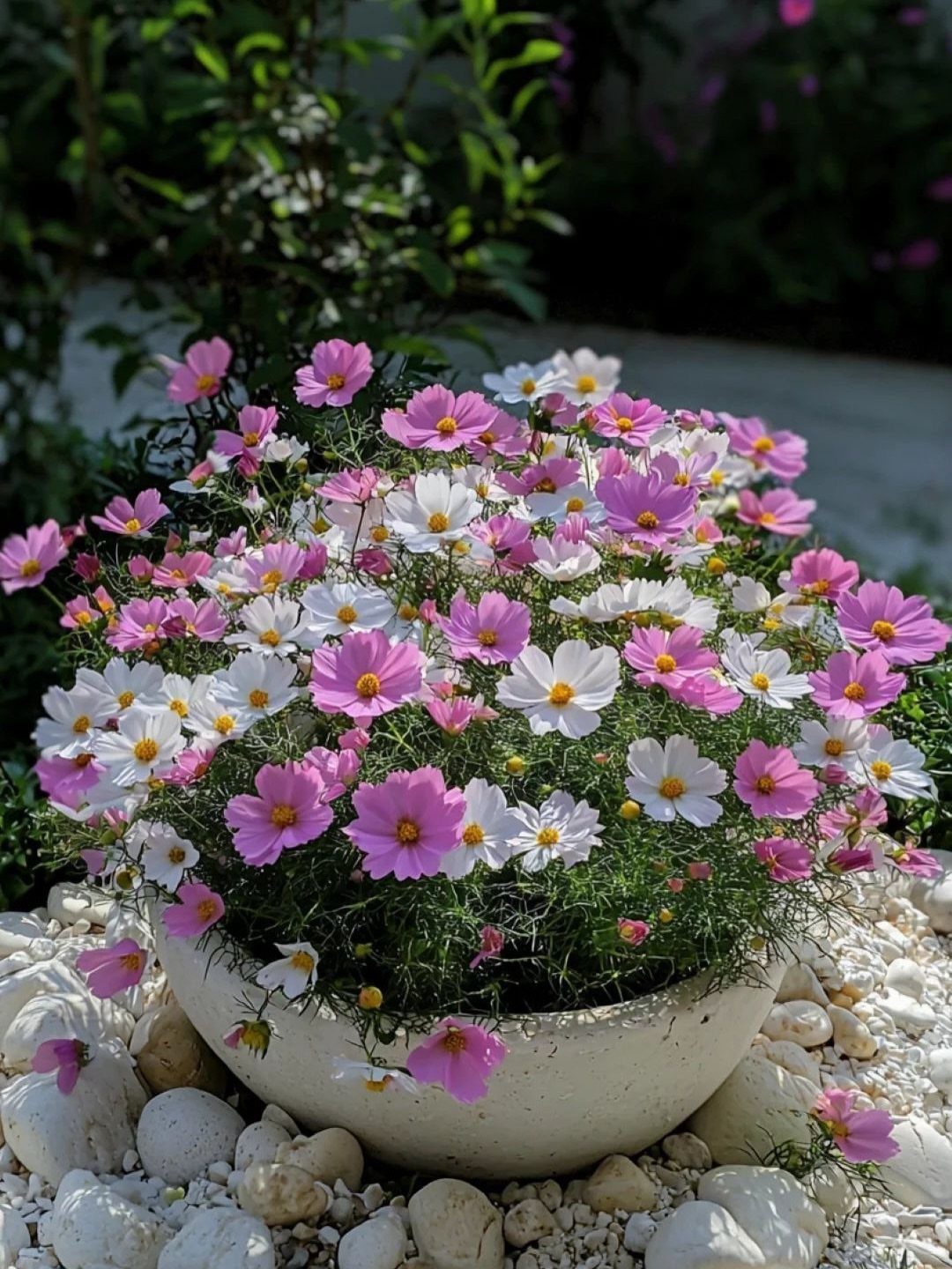 Pink and white cosmos flowers blooming in a white ceramic bowl on white pebbles.