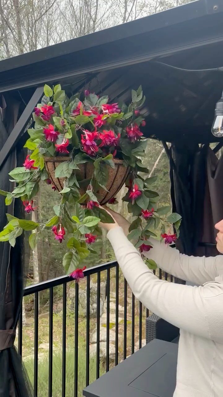 Hanging basket of pink fuchsia flowers held by a person in a gazebo.