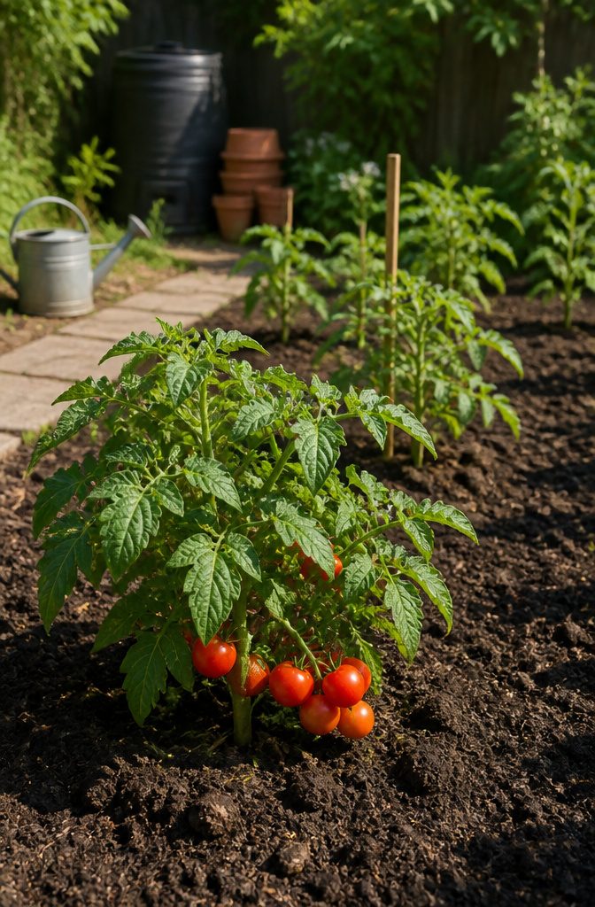 Tomato plants growing in an open garden with leafy stems