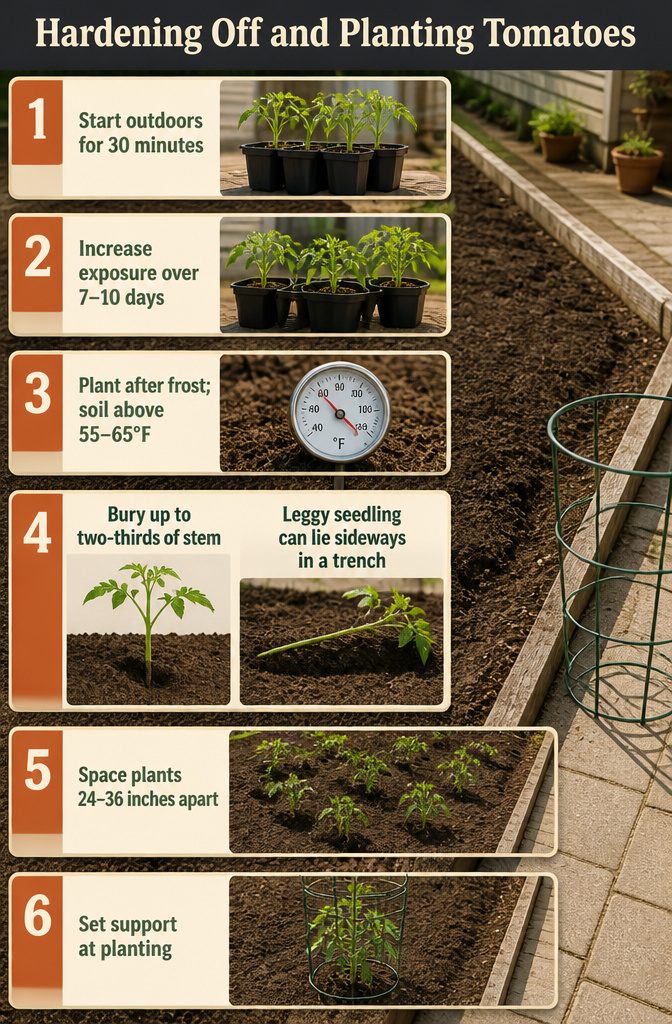 Tomato seedlings outdoors beside garden soil ready for planting