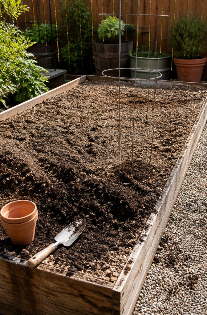 Garden bed with dark compost-rich soil wire cage terracotta pot and trowel