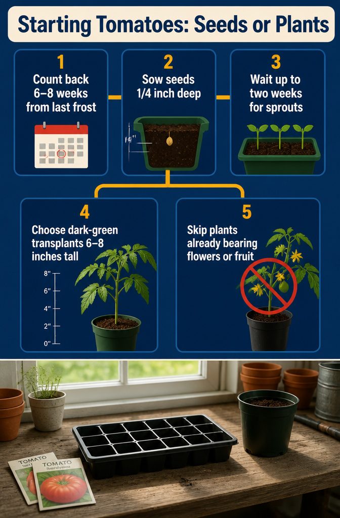 Tomato seed-starting supplies and young nursery tomato plants