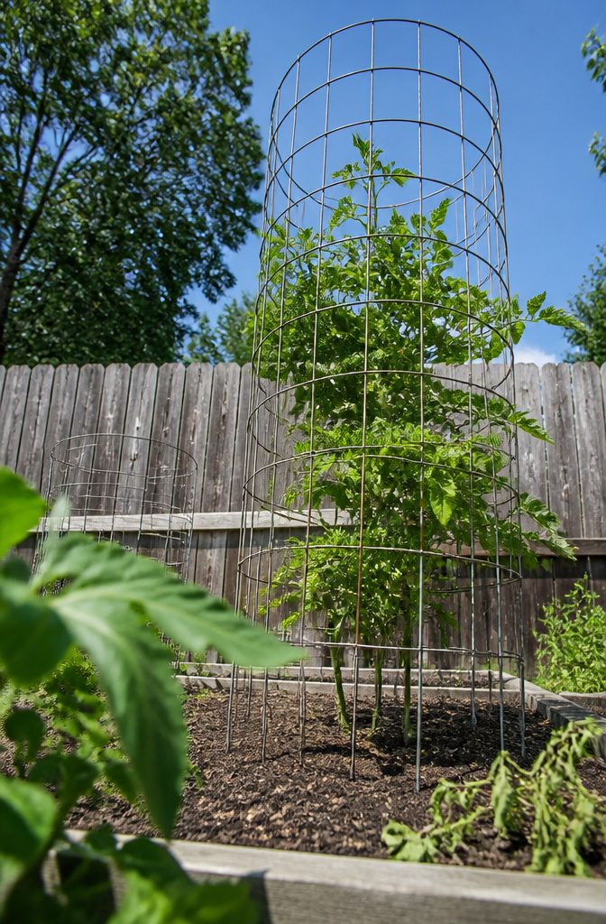 Tomato plant trained inside a wire cage with leafy branches
