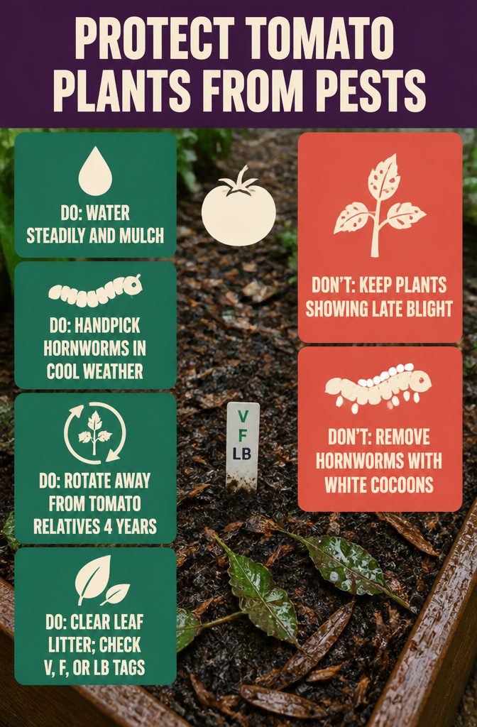 Tomato plant with pests and damaged leaves in an indoor guide