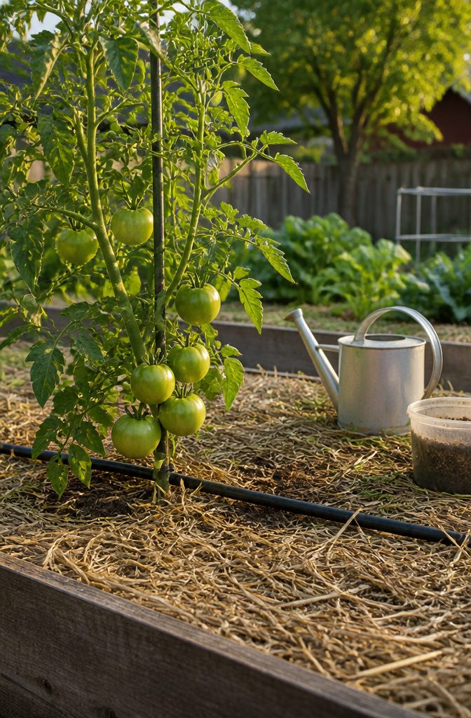 Tomato plant with developing fruit straw mulch and drip line at its base