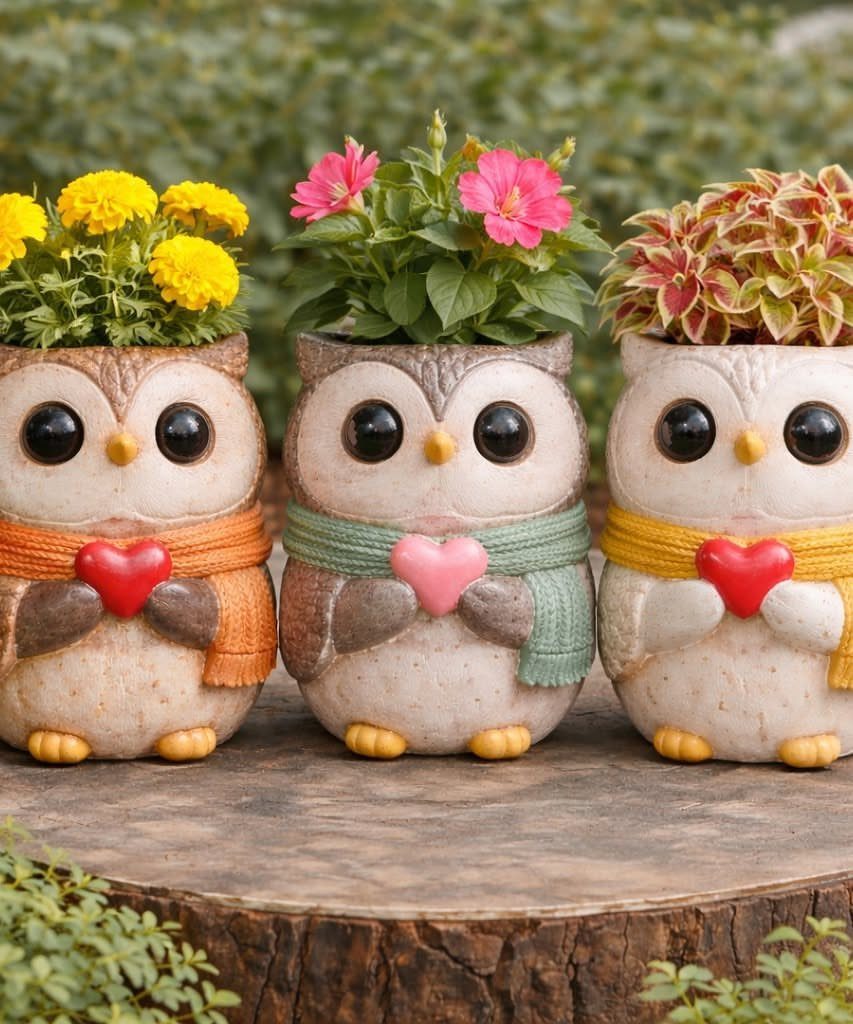 18 Unique Pots for Plants, From Resin Corgis to Copper Flowers 14 Three owl-shaped ceramic planters with colorful scarves holding various bright flowering plants.