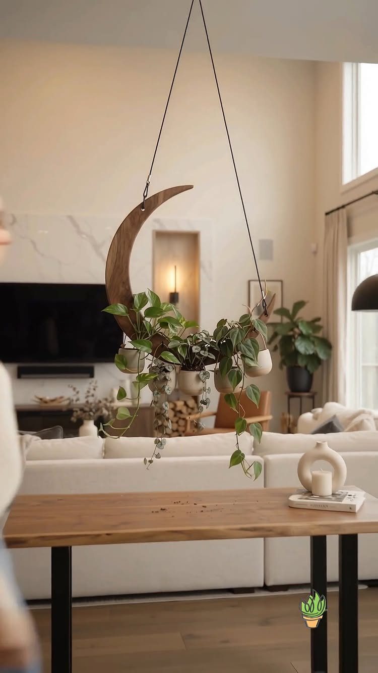 18 Unique Pots for Plants, From Resin Corgis to Copper Flowers 12 Crescent moon wooden hanging planter with green trailing plants in a living room