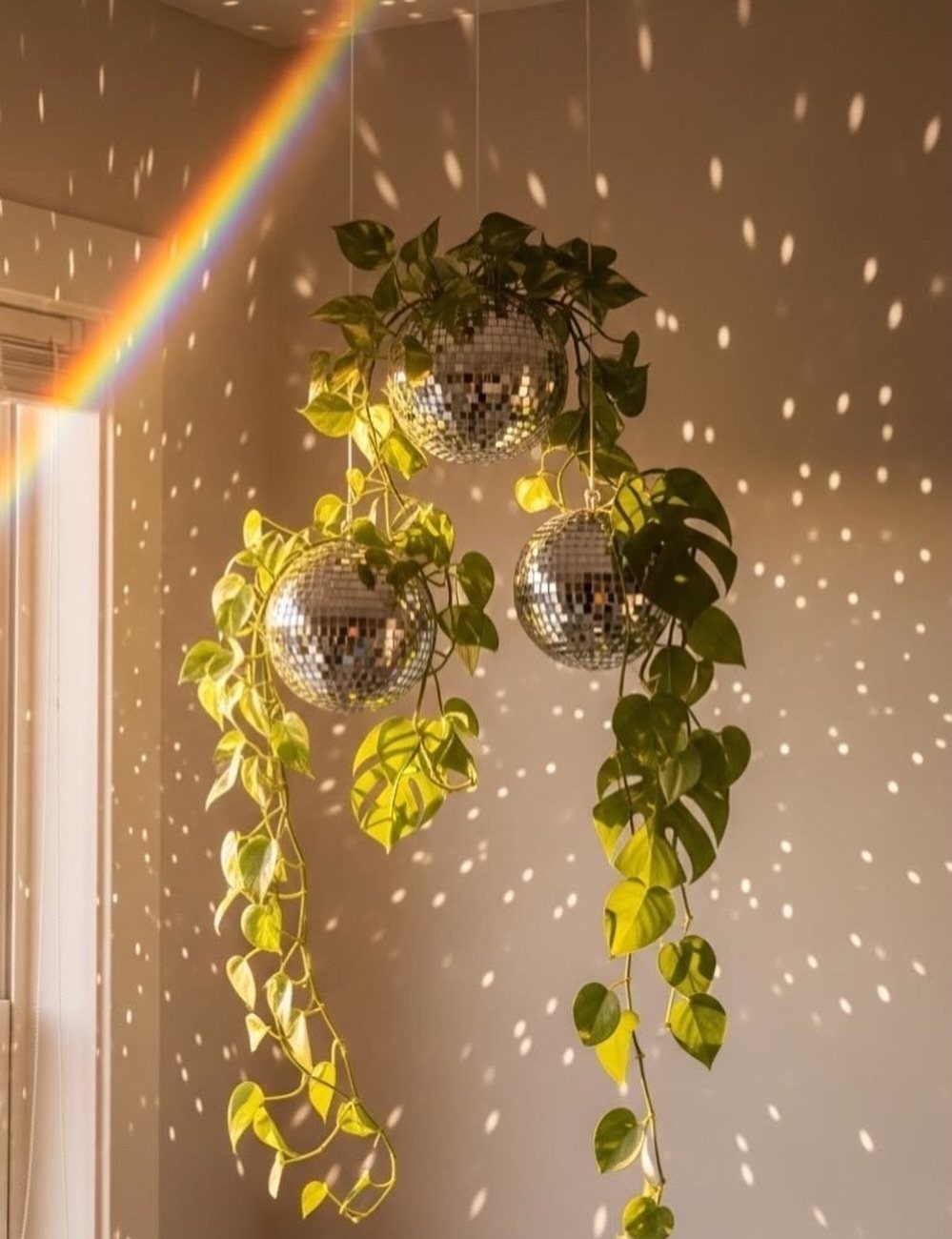 18 Unique Pots for Plants, From Resin Corgis to Copper Flowers 4 Three hanging disco ball planters with trailing green plants reflecting sunlight on a wall.