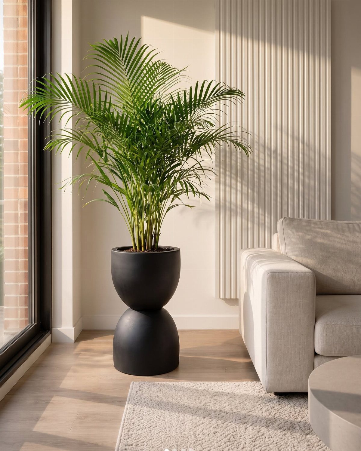 18 Unique Pots for Plants, From Resin Corgis to Copper Flowers 15 Tall green palm plant in a matte black hourglass-shaped ceramic floor pot.
