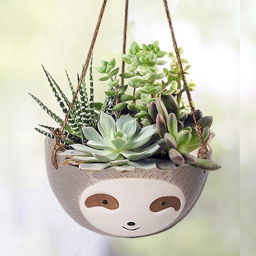 18 Unique Pots for Plants, From Resin Corgis to Copper Flowers 5 Sloth shaped ceramic hanging planter filled with a variety of green succulents.