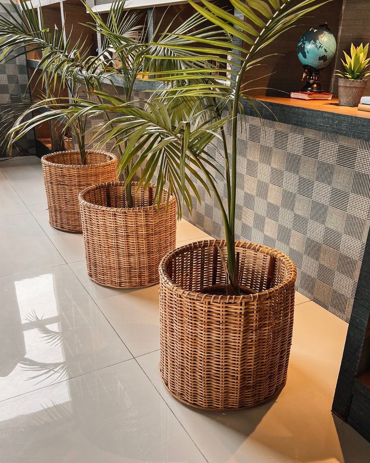 18 Unique Pots for Plants, From Resin Corgis to Copper Flowers 18 Three cylindrical wicker baskets holding green palm plants on a light tiled floor.