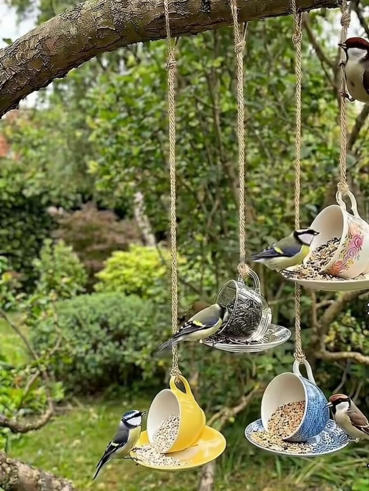 Teacup bird feeders hanging from a tree branch with small birds eating seeds.