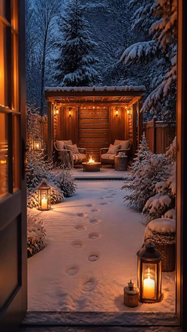 Cozy outdoor winter seating area with a glowing fire pit and lanterns in snow.