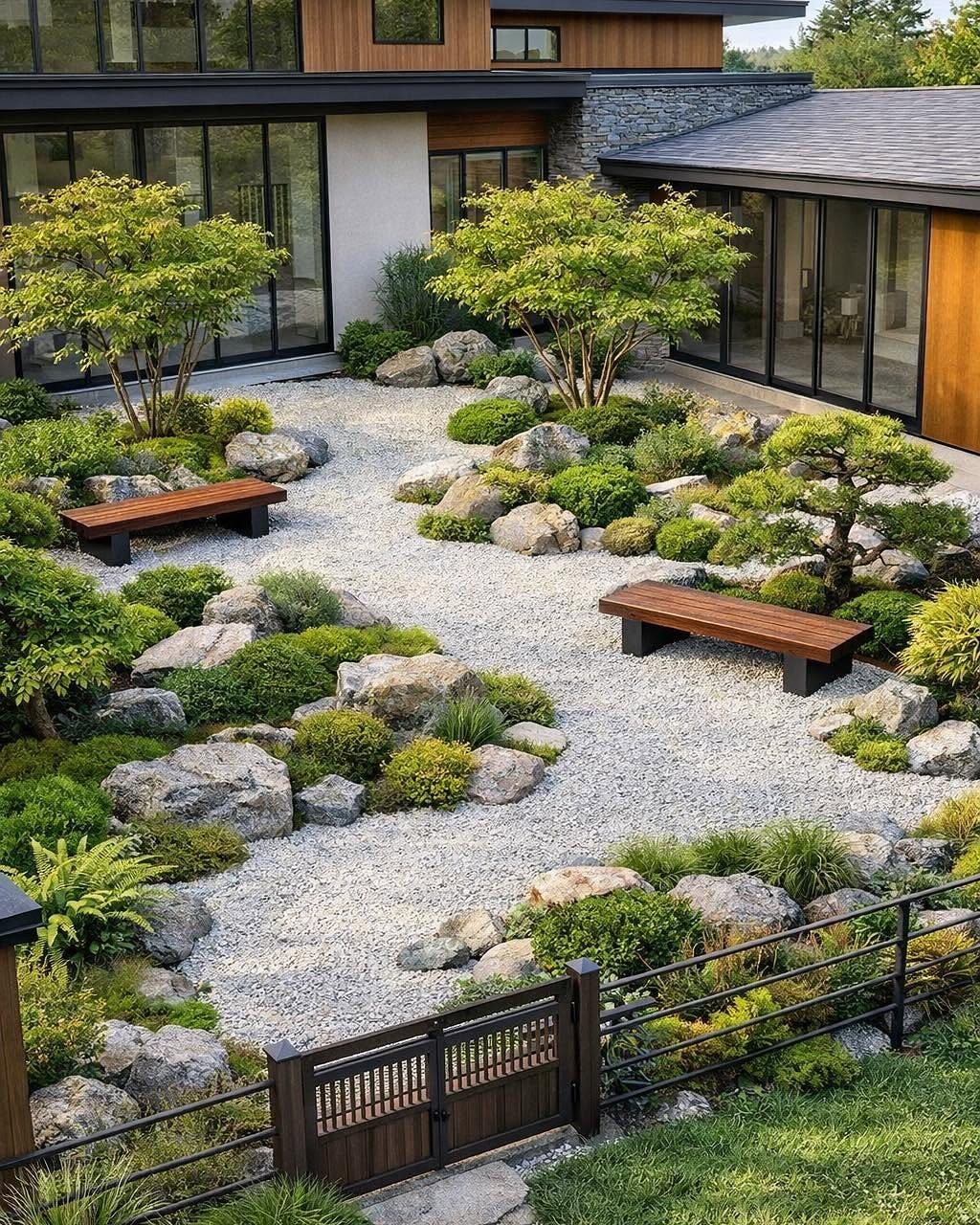 Gravel permeable garden surface with boulders, green shrubs, and wooden benches near a house.