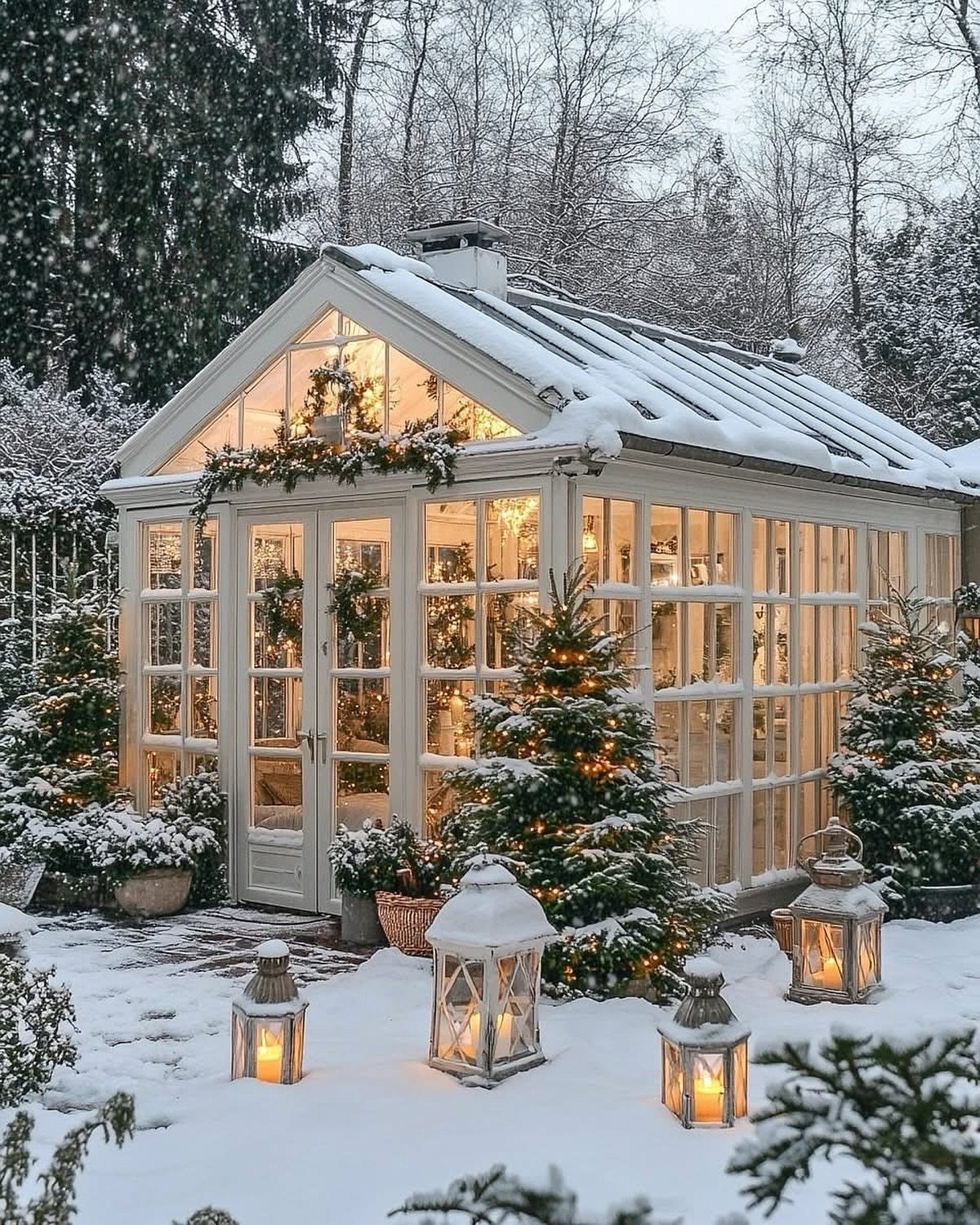 White glass greenhouse with snow on roof and lit lanterns in snowy garden