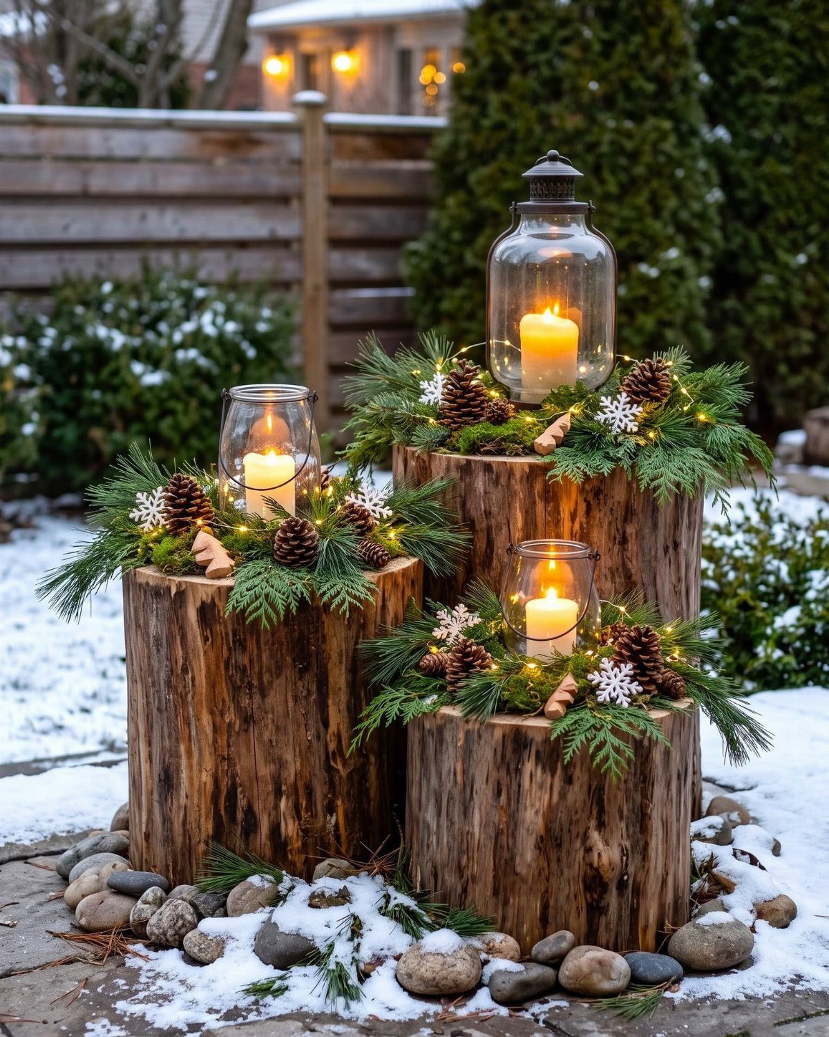 Lit candles on wooden log pedestals decorated with evergreen branches and snow.