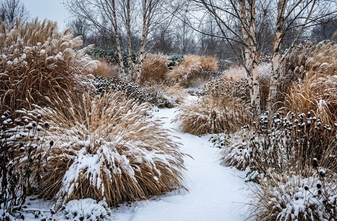 Snow-covered garden path with ornamental grasses and white birch trees in winter.