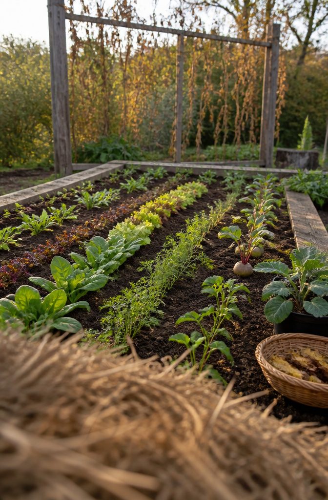 Spinach lettuce radish carrot beet turnip and kale seedlings in dark soil