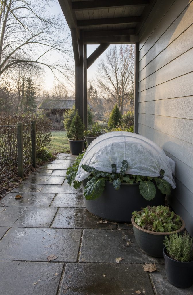 Kale collards spinach and arugula growing in pots under row cover