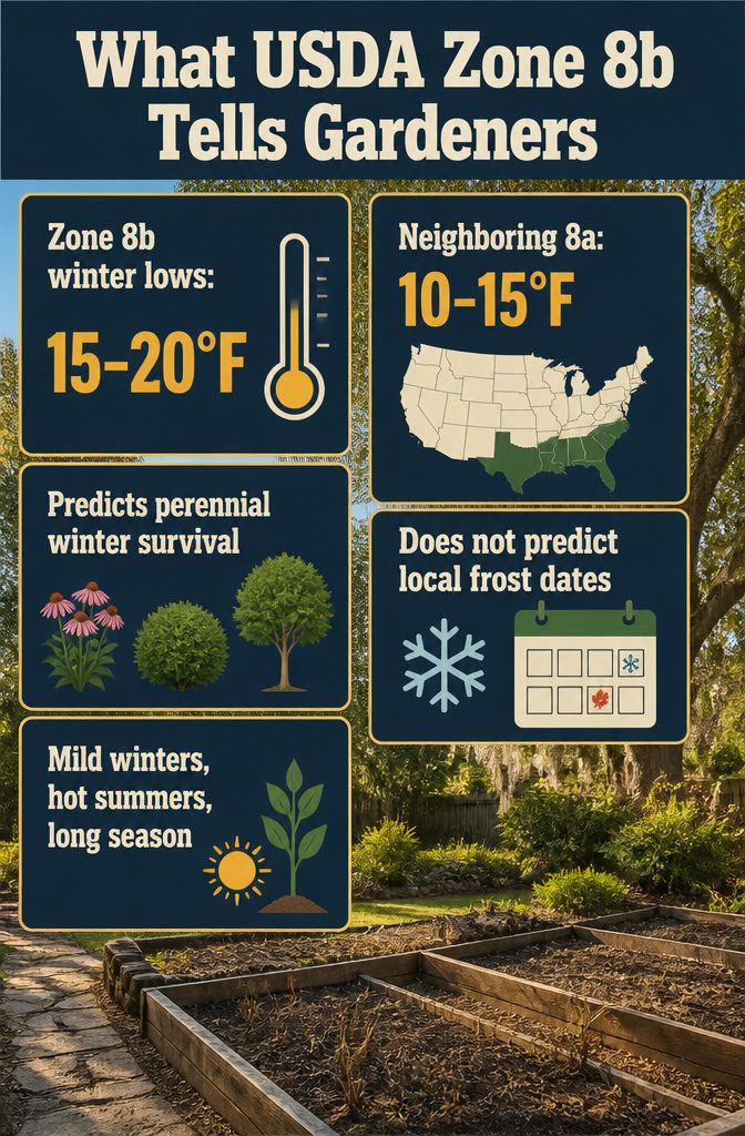 USDA Zone 8b information graphic with a temperature range and garden map